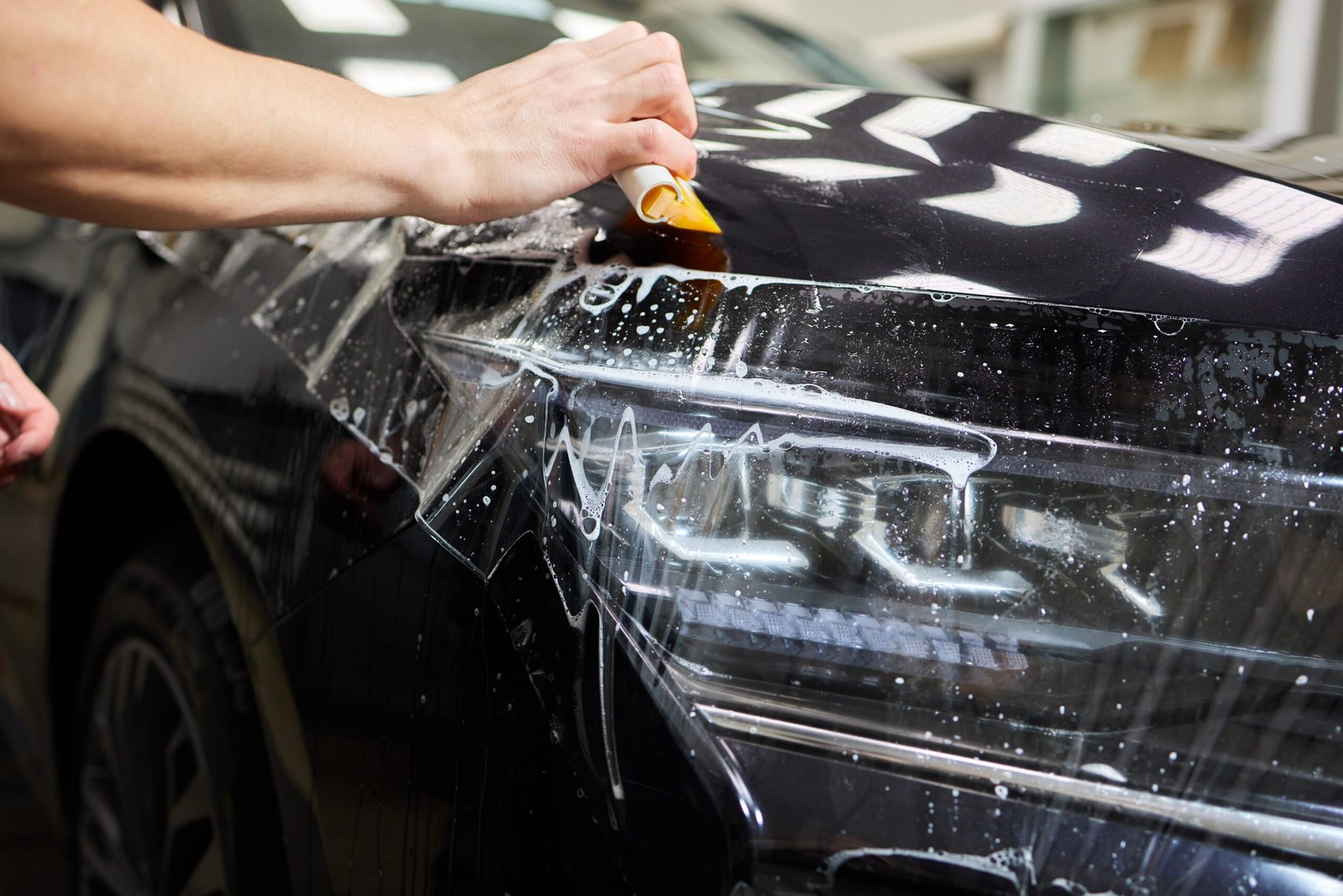Applying clear paint protection film on hood